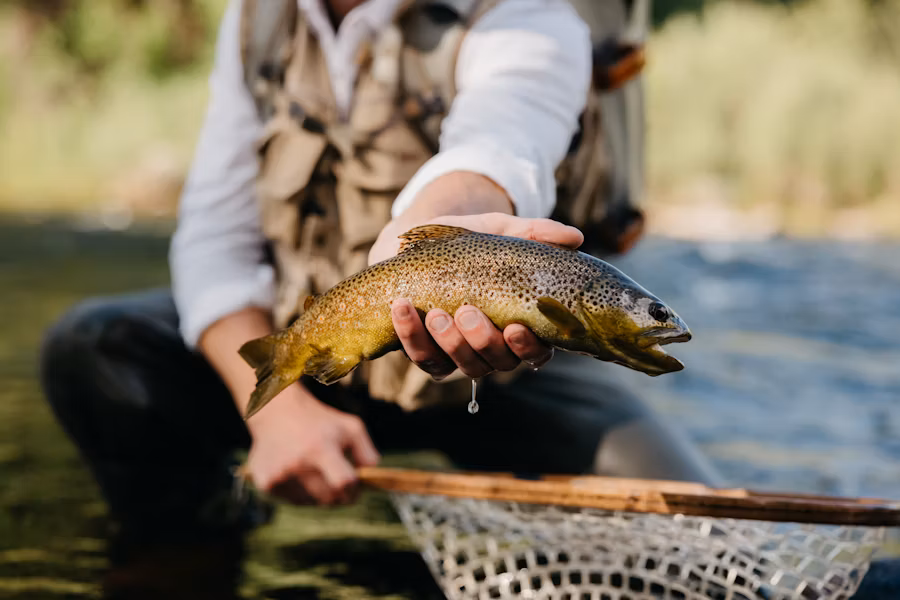 A happy client showing off a trout caught with an SBN